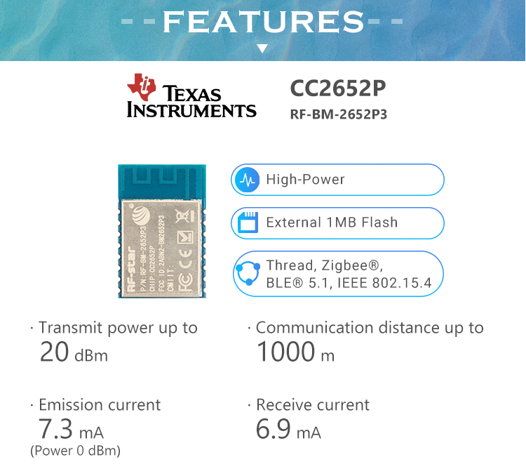 Features of CC2652P zigbee module RF-BM-2652P3 Features of CC2652P zigbee module RF-BM-2652P3