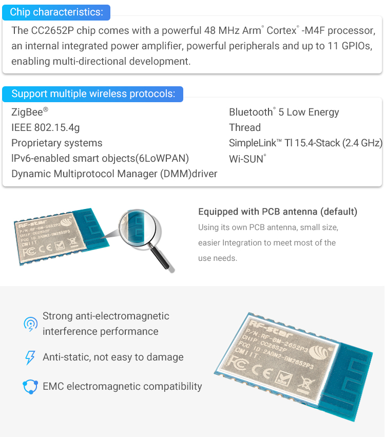 Features of CC2652P zigbee module RF-BM-2652P3 Features of CC2652P zigbee module RF-BM-2652P3